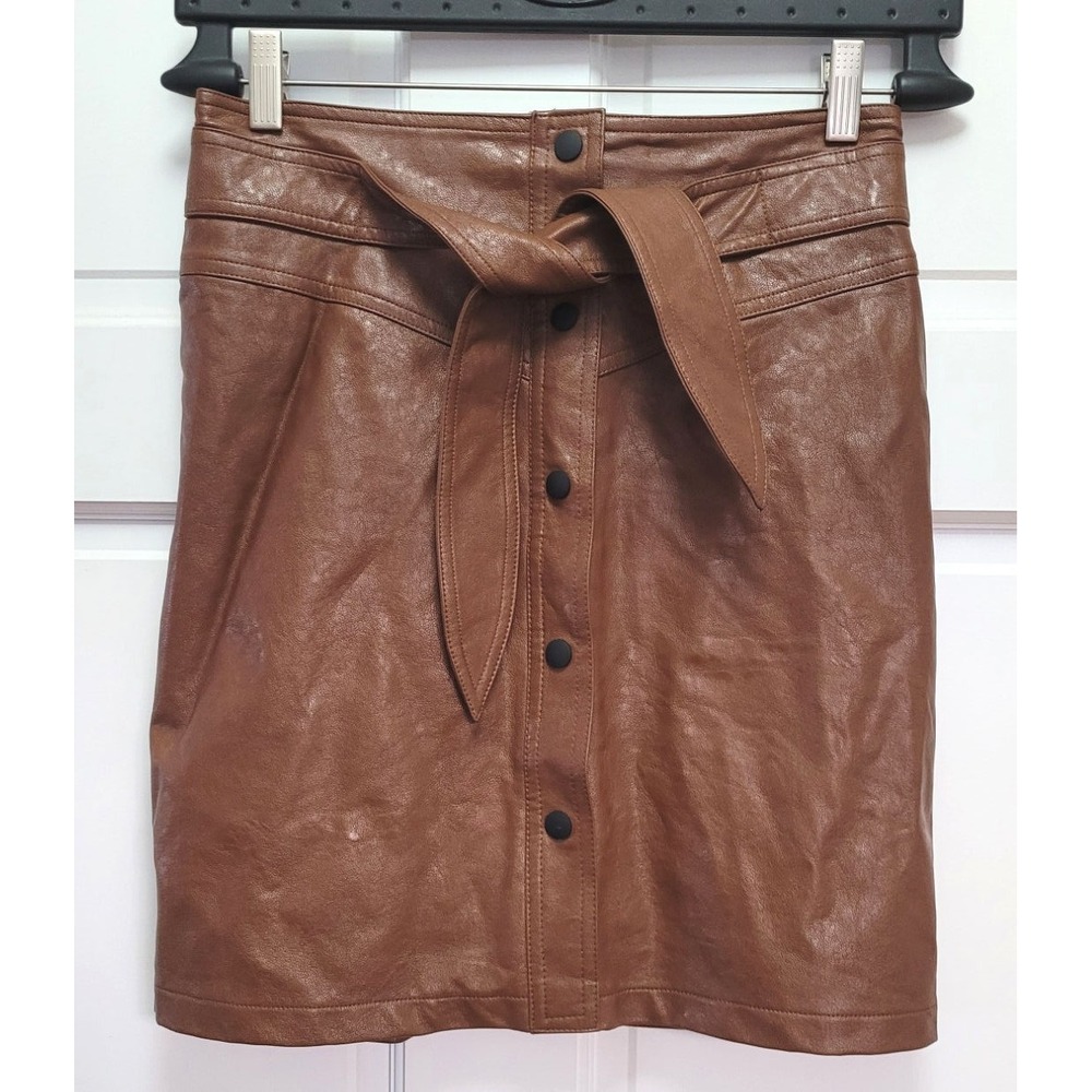 Olivaceous Women's Faux Leather Snap Front Belted Mini Skirt - Brown - Small